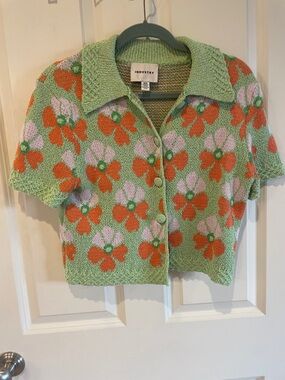 INDUSTRY Green Floral Knit Short-Sleeve Cardigan with Orange & Pink Blossoms